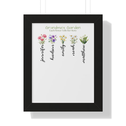 Grandma's Garden Birth Flower Print - Custom Framed Poster with Grandchildren's Names