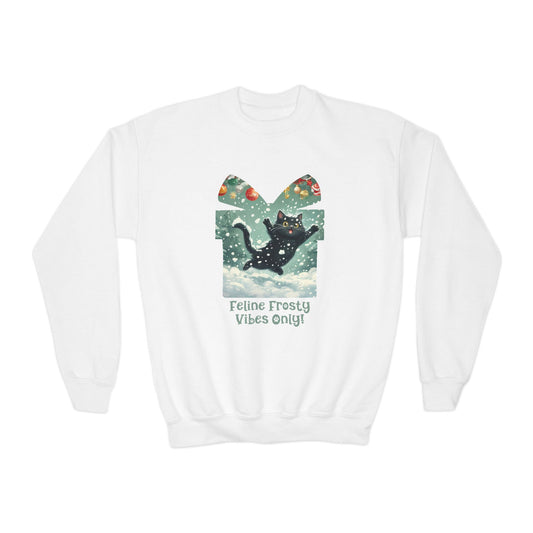 Feline Frosty Vibes Only Youth Christmas Sweatshirt – Cozy & Cute Winter Fun