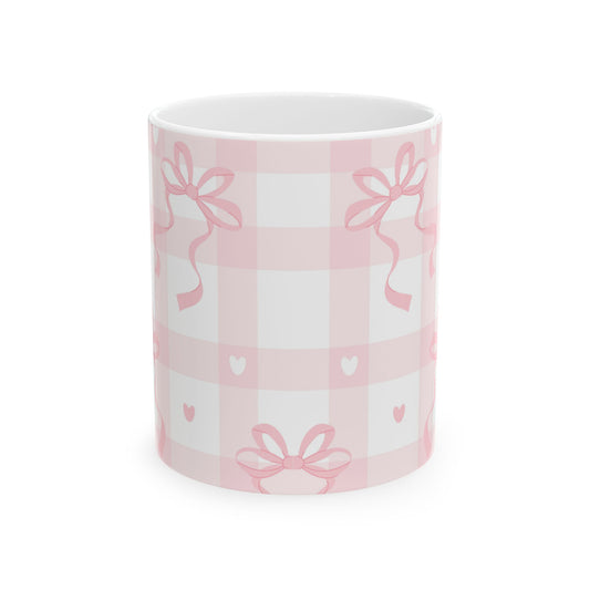 Pink Plaid with Bows Coquette Ceramic Coffee Mug – Available in 11 oz & 15 oz