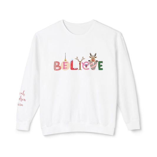 Personalized Christmas "Believe" Sweatshirt – Custom Sleeve Names – Comfort Colors 1466