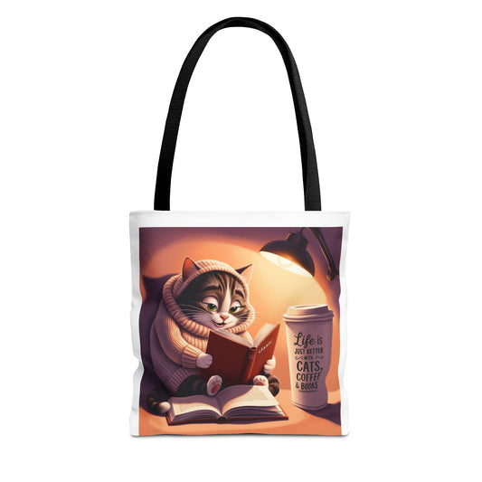 Tote Bag - Cat Reading Book with Coffee