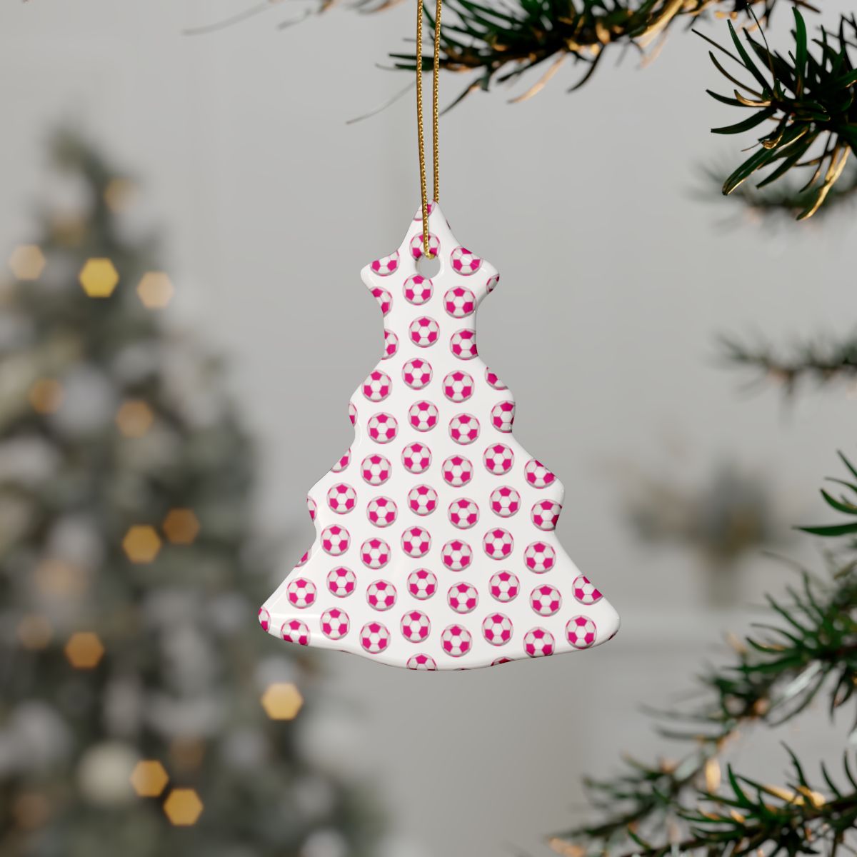 Pink Soccer Ball Christmas Ornaments ⚽🎄 - Ceramic Star ⭐ & Tree 🎄 Shapes for Soccer Fans!