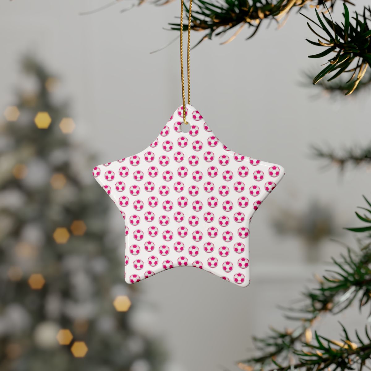 Pink Soccer Ball Christmas Ornaments ⚽🎄 - Ceramic Star ⭐ & Tree 🎄 Shapes for Soccer Fans!