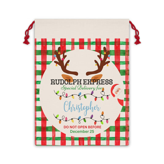 Rudolph Express Personalized Santa Bag & Custom Name Wrapping Paper Bundle